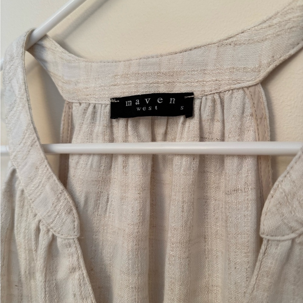 Maven West Linen Blend Sleeveless V-Neck Ruffle Hem Dress Size Small Beige Boho - Picture 4 of 4